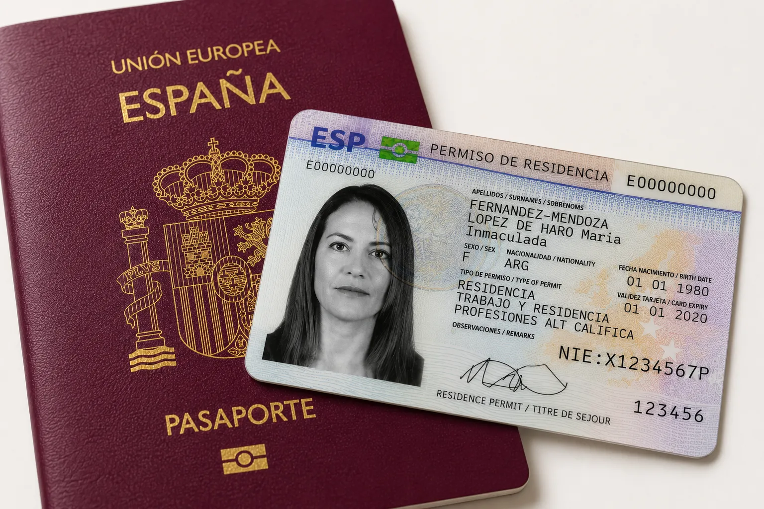 Spanish passport next to TIE foreigner identity card on a desk in Madrid, Spain